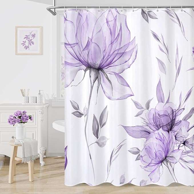 Purple and Grey Boho Watercolor Floral Shower Curtain, Ink Painting Style Blossom & Leaf Shower Curtains for Chic Elegant Bathroom, Artistic Fabric Cloth Flower Shower Curtain, 72x72