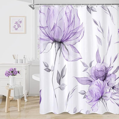 Long Boho Watercolor Floral Shower Curtain 72 x 78, Purple and Grey Ink Painting Style Flower Shower Curtains for Chic Elegant Bathroom, Artistic 78 Inch Long Fabric Shower Curtain