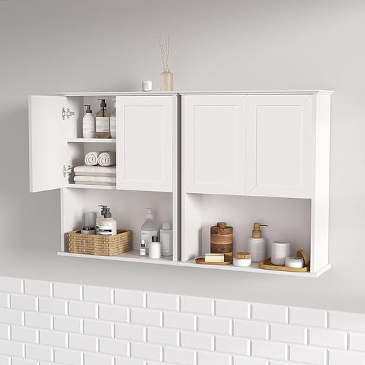 Bathroom Wall Cabinet Wooden with 2 Doors,Over the Toilet Storage Cabinet,Bathroom and Laundry Wall Mount Storage Medicine Cabinet with Open and Adjustable Shelf,Easy Assembly (Style A-2 PC, White)