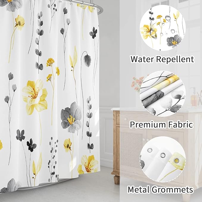 Gibelle Long Shower Curtain 72 x 78, Watercolor Floral Fabric Shower Curtain, Yellow Grey Flower Decorative Bathroom Shower Curtain Set