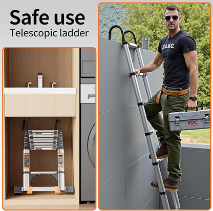 Telescoping Ladder,13.5FT Aluminum Multi-Purpose Collapsible Ladder with Stabilizers and Hooks,Jiashche Portable Extension Ladder for RV or Outdoor Work Silver,330lb Max Capacity