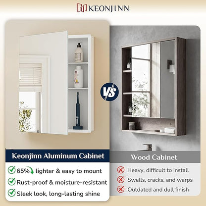 Keonjinn 64 x 32 Inch Medicine Cabinet, Assembly Required, White Bathroom Medicine Cabinets Mirror, Lightweight, Adjustable Shelves, Surface Mount or Recessed, Tempered Glass