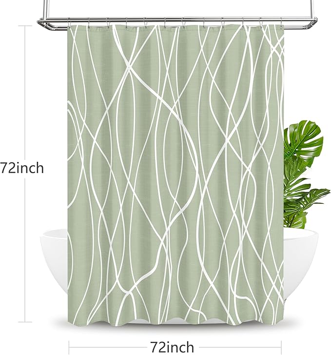 Tititex Morden 140gms Faux Linen Fabric Bath Shower Curtain Set Textured Fabric with Sage White Curve Pattern 72x72 Inch Water Resistant Bathroom Curtains, Weighted Hem & Hooks for Home/Hotel