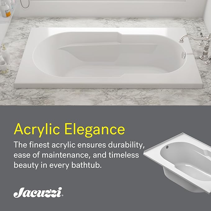 Jacuzzi SIGNATURE Acrylic Drop-In Bathtub, Soaking Sanctuary, Slip Resistant, Left Drain Placement, 72" (L) x 36" (W), Rectangle, 3-Tile Flange, White