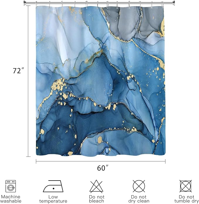 Blue Marble Shower Curtain 60x72, Modern Abstract Fabric Shower Curtains for Bathroom, Luxury Art Ink Texture Watercolor Cloth Shower Curtain Set with Hooks