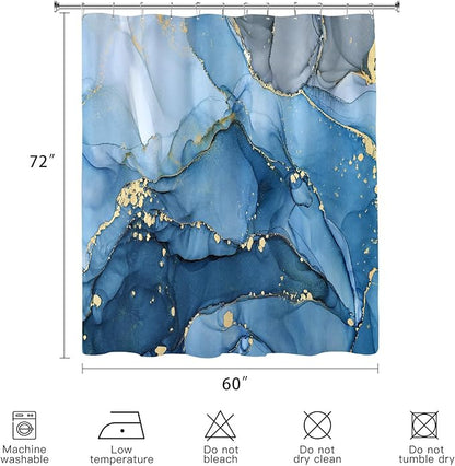 Blue Marble Shower Curtain 60x72, Modern Abstract Fabric Shower Curtains for Bathroom, Luxury Art Ink Texture Watercolor Cloth Shower Curtain Set with Hooks
