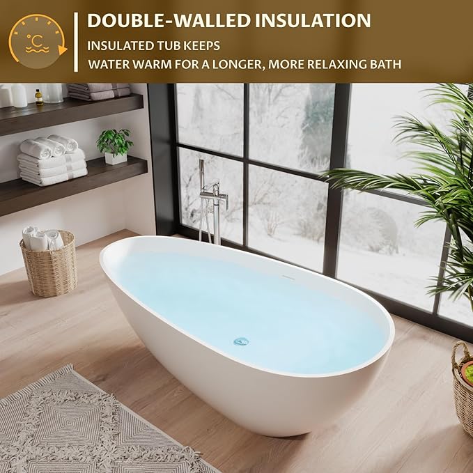 67 in Solid Surface Freestanding Bathtub, Contemporary Oval Shape Soaking Tub, Egg Shell Stone Resin Stand Alone Bathtub With Pop-Up Drain and Overflow, Cupc Certified,Matte White