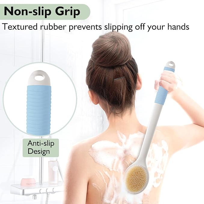 VANZAVANZU 17 Inch Anti-Slip Long Handle Back Scrubber for Shower – Dual-Sided Shower Brush and Shower Back Scrubber with Soft and Stiff Bristles for Wet or Dry Brushing (Blue)