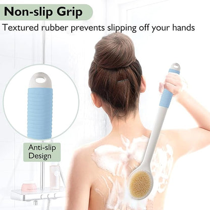 VANZAVANZU 17 Inch Anti-Slip Long Handle Back Scrubber for Shower – Dual-Sided Shower Brush and Shower Back Scrubber with Soft and Stiff Bristles for Wet or Dry Brushing (Blue)