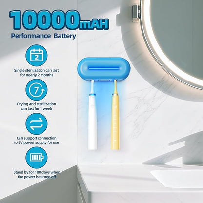 Toothbrush sanitizer,Heating-Drying, UV Toothbrush Holder,2 Independent Cleaning Chambers,Ultra-Long Running time-10000mAh Rechargeable,Toothbrush sterilizer,Wall-Mounted,Modern Design,Blue
