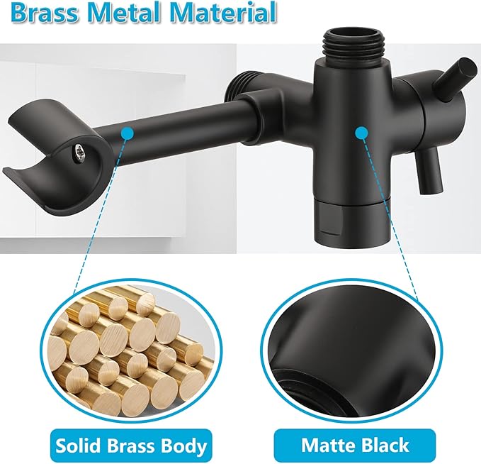 PDPBath Solid Brass Shower Arm 3 Way Shower Diverter Valve for Hand Held Showerhead and Fixed Spray Head, G1/2 Universal Connection - Matte Black