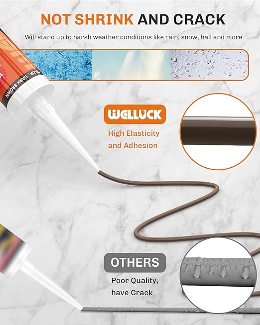WELLUCK Dark Brown Silicone Caulk, 100% Waterproof Caulking Silicone Sealant Flexible Cartridge Adhesive for Kitchen, Bathroom, Window, Door, Glass, Bathtub,Leak Sealing (10.2 OZ, 1Pack)