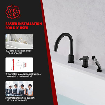 SUMERAIN Matte Black Roman Tub Faucet 3 Holes Deck Mount Bathtub Faucet with Handheld Shower Sprayer