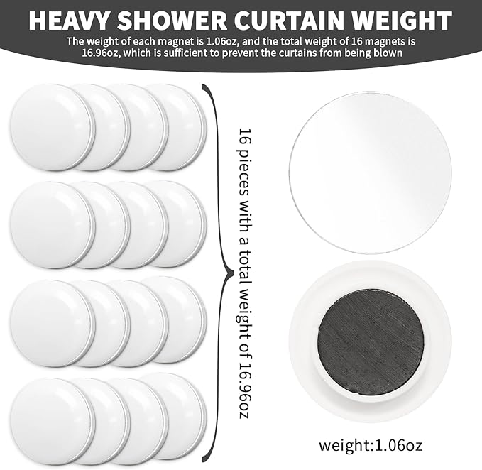 Shower Curtain Weights, Kaluofan 16 Pairs Shower Curtain Magnets, Weighted Shower Curtain Liner, Prevent Curtain Liner from Blowing Around, Fit in Curtain Table Cloth Whiteboard Refrigerator