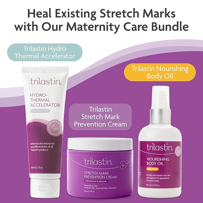 TriLASTIN Maternity Stretch Mark Cream - Hydrating Pregnancy-Safe Skin Care - Gentle Hypoallergenic Care for Pregnancy Must Haves - Pairs Belly Butter & Stretch Mark Oil - 4 Fl Oz Each, Pack of 2