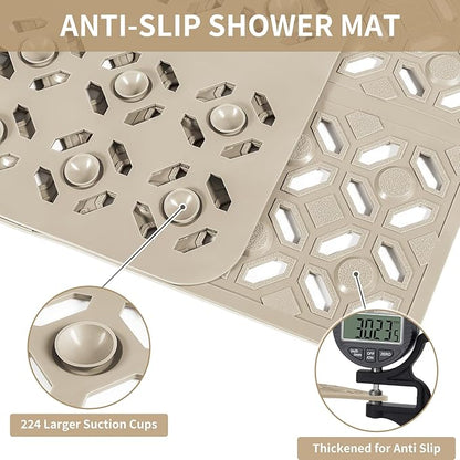 OTHWAY Square Shower Mat, 27"x 27" Extra Large Shower Mats for Inside Shower, TPE Anti Slip Shower Mat with Suction Cups Drain Holes, Machine Washable Shower Floor Mat (Brown)