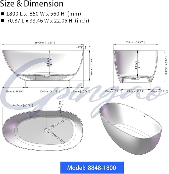 Cpingao 71" Solid Surface Freestanding Bathtub, Egg Shell Stone Resin Freestanding Soaking Tubs with Pop-up Drain and Overflow, Matte White 8848-1800