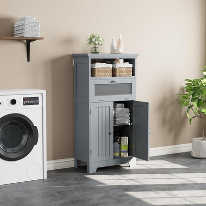 ChooChoo Bathroom Floor Storage Cabinet with Flip Glass Drawer, Bathroom Cabinets Freestanding with 2 Doors Adjustable Shelf & 1 Open Storage for Bathrooms, Living Room, Hallway, Grey