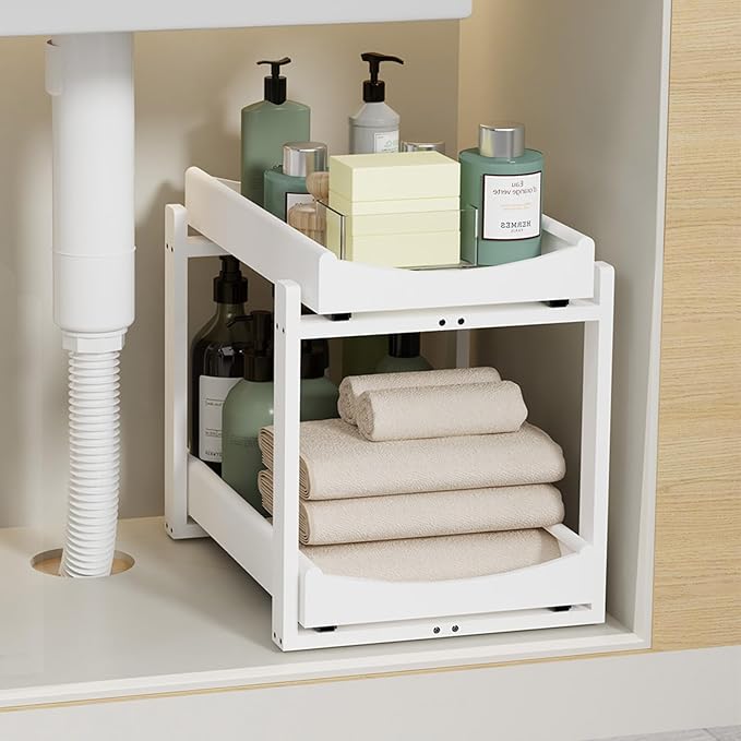Bamboo Under Sink Organizer Adjustable Height 2 Tier Bathroom Organizer Pull Out Cabinet Storage Kitchen Heave Duty Wood Slide Ou Shelf for Kitchen Bathroom (White, 1 Pack)