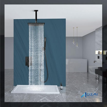 Aolemi Ceiling Mount Shower System Rain Shower Head with Handheld Spray High Pressure Shower Faucet Set Rough-in Valve Shower Trim Kit Included Bathroom Matte Black 12 Inch Ceiling Shower Head