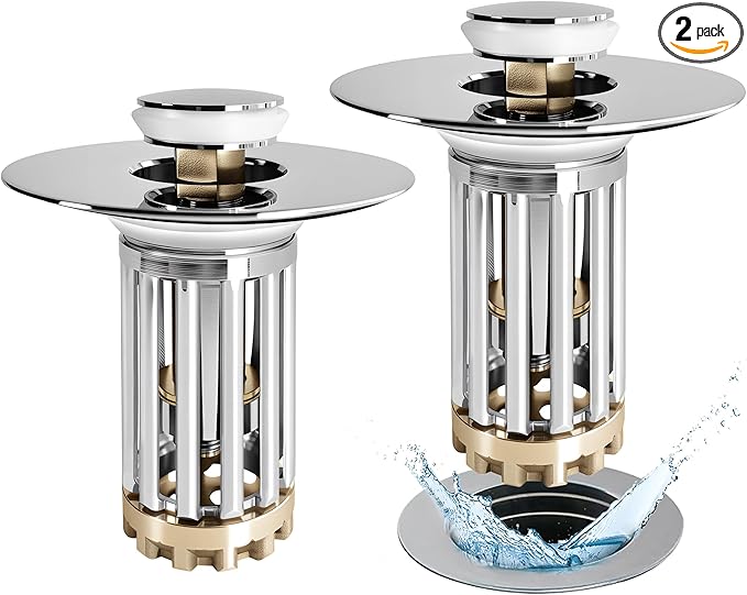 Bathroom Sink Drain Strainer, 2PCS 3 in 1 Pop Up Bathroom Sink Stopper with Removable Brass Basket Hair Catcher, Universal Sink Plug for 1.06 to 1.6in Drain Hole, Chrome Silver