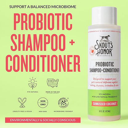 Skout's Honor Probiotic Dog Shampoo & Conditioner with Avocado Oil & Omega-3s, 97% Natural, Paraben & Sulfate-Free, Cruelty-Free, 16oz, Sunkissed Coconut