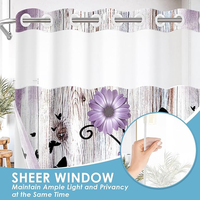 No Hook Purple Flower Shower Curtain with Snap in Fabric Liner Set, Rustic Farmhouse Daisy Double Layers Waterproof Fabric with See Through Top Window Open Grommet Bath Curtain 71x74 Inch