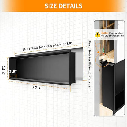WICHEMI Stainless Steel Shower Niche 36" X 12", No Tile Needed Wall Niche with LED Light, Recessed Shower Shelf for Bathroom Storage Over Mount Installation, Matte Black