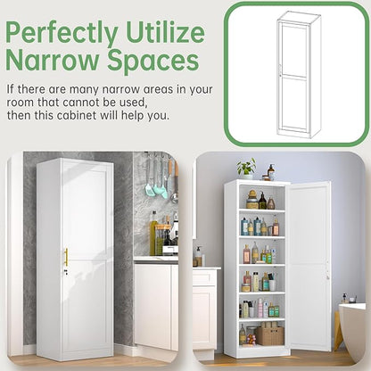 Metal Locker Tall Narrow Storage Cabinet, 67" H Locking Tool File Cabinets Snack Locker Organizer for School Classroom,Bedroom,Gym Home Office,Entryway and Hallway (20" W 1Door White)