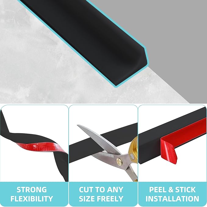 Shower Threshold Water Dam,Walk in Shower Water Guard, Shower Dam Water Barrier Bathroom Sink Splash for Dry And Wet Separation Caulk Seal Strip Edge Trim (39Inch, Black)