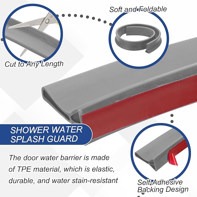 PATIKIL 2" Collapsible Shower Threshold Water Barrier, 118 Inch Self Adhesive Shower Door Bottom Seal Silicone Water Splash Guard for Bathroom Kitchen, Gray (9.8 Feet)