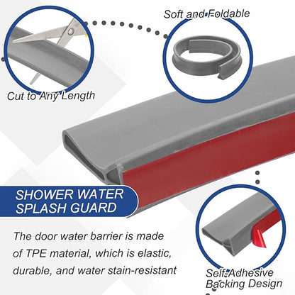 PATIKIL 2" Collapsible Shower Threshold Water Barrier, 118 Inch Self Adhesive Shower Door Bottom Seal Silicone Water Splash Guard for Bathroom Kitchen, Gray (9.8 Feet)
