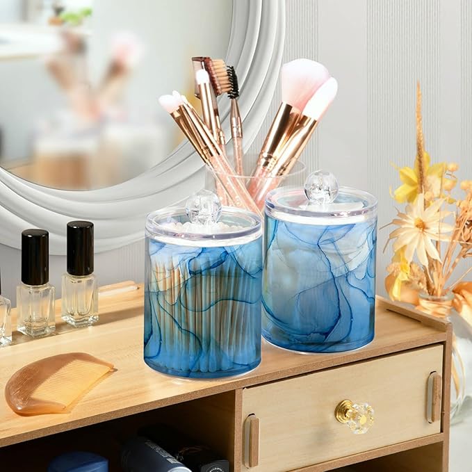 MNSRUU 4 Pack Qtip Holder Organizer Dispenser Blue Marble Fluid Art Bathroom Containers Bathroom Vanity Storage Canister Apothecary Jars for Cotton Swabs/Pads/Floss