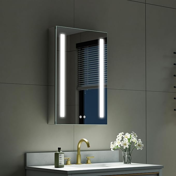 WELLFOR 20" X 30" LED Medicine Cabinet with Mirror, Single Right Opening Door, Recessed or Surface Cabinet Mirror, Bathroom Mirror Cabinet, Medicine Cabinet with Lights with Outlets & USB Ports