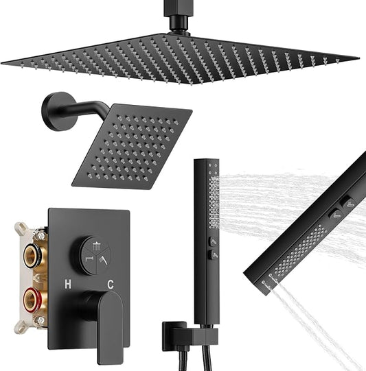 Shower Faucet Set, 3-Setting Push Button Matte Black Shower System, 12 Inch Ceiling Mounted Shower Head, 6 Inch Wall Mounted Rain Shower Head with 2 in 1 Handheld Spray, Shower Valve Trim Kit
