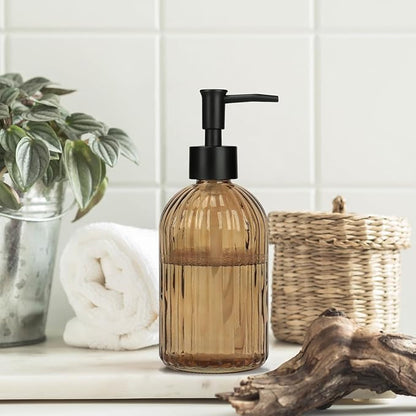 Glass Soap Dispenser with Plastic Pump, Hand Soap Dispenser for Hand Wash, Lotion Dispenser for Dishwashing Liquid, Lotion Shower Gel (Striped Brown)