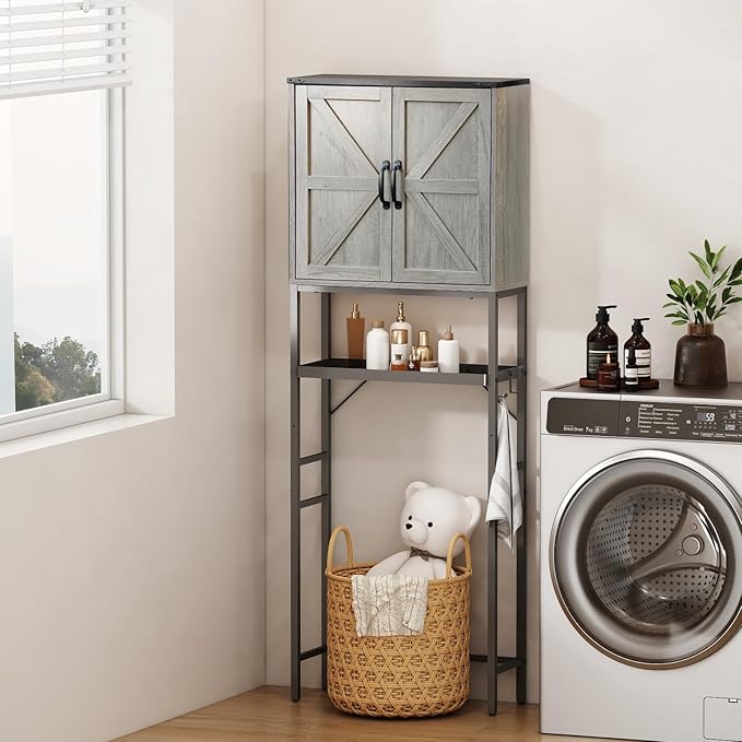 Over The Toilet Storage Cabinet, Bathroom Above Toilet Cabinet Organizer with Doors and Adjustable Shelves, Bathroom Shelf Organizer with Anti-Tip Device & Drain Rack, Grey