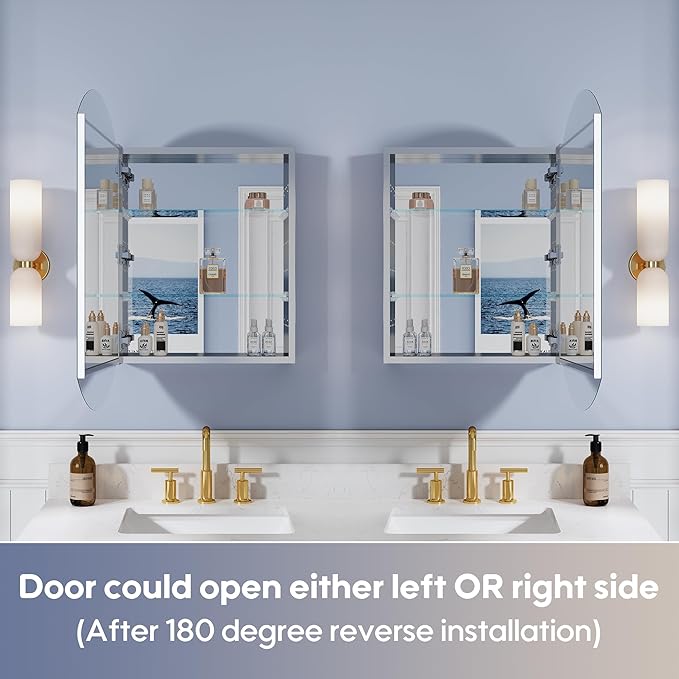 WELLFOR 20" x 32" Bathroom Oval Medicine Cabinet, Beveled Edge Mirror Cabinet, Medicine Cabinet with Adjustable Shelves, Bathroom Cabinet with Reverse Door Installation, Surface or Recessed Mount