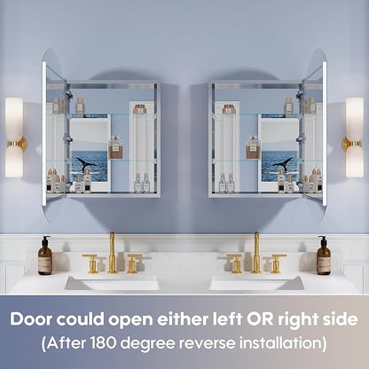 WELLFOR 20" x 32" Bathroom Oval Medicine Cabinet, Beveled Edge Mirror Cabinet, Medicine Cabinet with Adjustable Shelves, Bathroom Cabinet with Reverse Door Installation, Surface or Recessed Mount