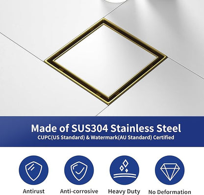 Square Shower Drain 4", Brushed Gold Floor Drain with Tiled Insert Grate & Hair Strainer, 304 Stainless Steel Bathroom 2-in-1 Tiled in Drain, CUPC Certified (Brushed Gold, 4'')