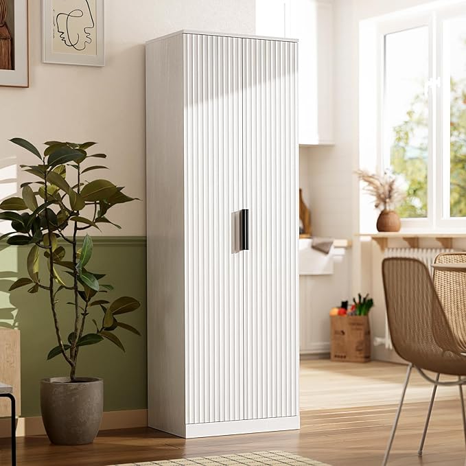 VINGLI 70" Modern Pantry Cabinet with Fluted Doors, 5 Adjustable Shelves, Tall Storage Solution for Kitchen, Dining Room, or Living Room, White