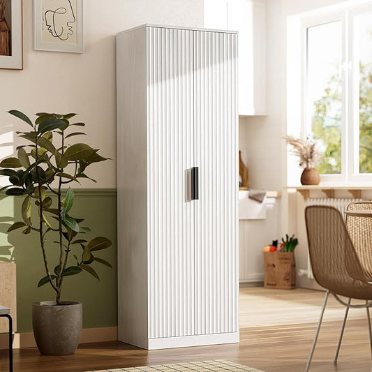 VINGLI 70" Modern Pantry Cabinet with Fluted Doors, 5 Adjustable Shelves, Tall Storage Solution for Kitchen, Dining Room, or Living Room, White