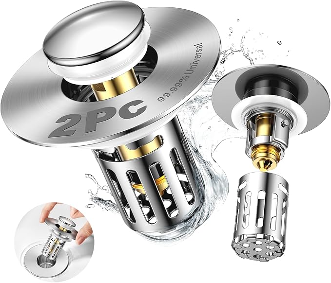 Bath Universal 2-in-1 Bathroom Sink Stopper, Pop-up with Anti-Clog Removable Stainless Steel Filter Basket DrainHair Stopper, Anti-Odor Stopper