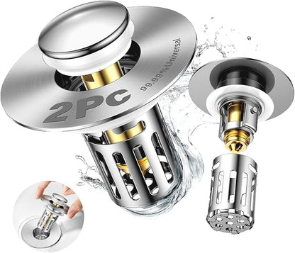 Bath Universal 2-in-1 Bathroom Sink Stopper, Pop-up with Anti-Clog Removable Stainless Steel Filter Basket DrainHair Stopper, Anti-Odor Stopper