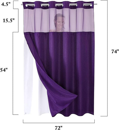 Gibelle No Hook Waffle Weave Shower Curtain with Snap-in Fabric Liner Set for Bathroom, Hotel Style with Mesh Top Window, Waterproof & Washable, Purple, 72x74