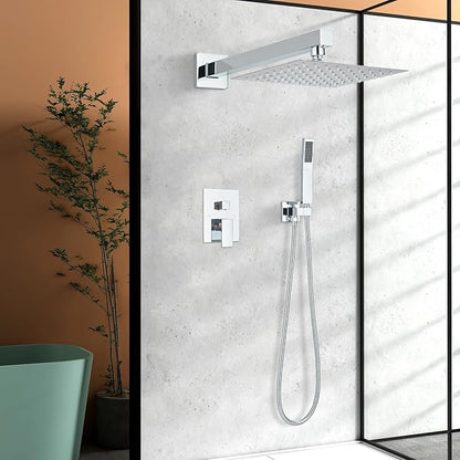 Shower Faucet Polished Chrome Shower System with 8 Inches Rain Shower Head and Handheld Spray Bathroom Luxury Rain Shower Faucet Set Complete Wall Mounted