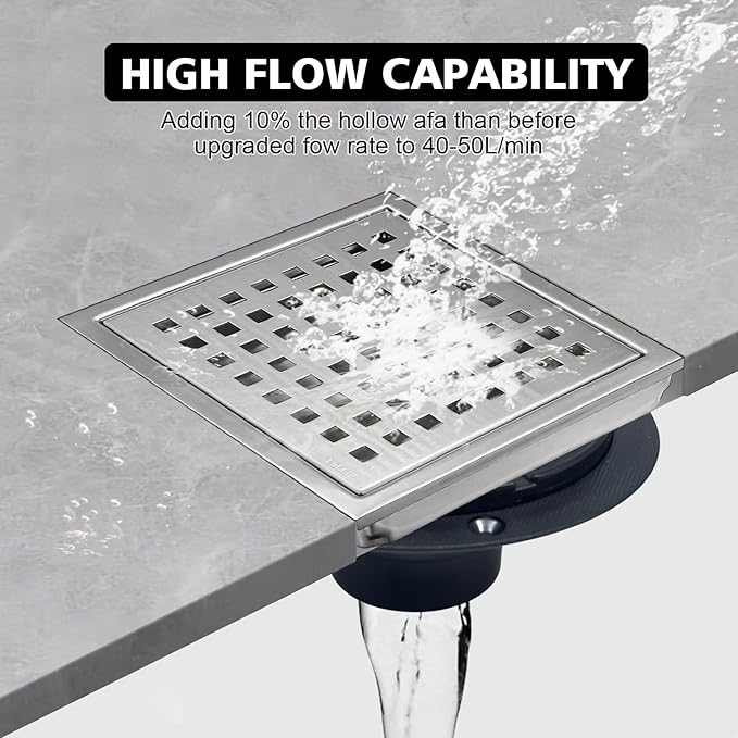 6 Inch Square Shower Drain with Flange, Removeable Grate SUS 304 Stainless Steel Shower Drain with Hair Catcher (Brushed Nickel, 6 Inch)