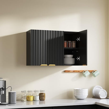 ChooChoo 3 Doors Wall Cabinet Laundry Room, Bathroom Wall Cabinet with Adjustable Shelf, Fluted Wall-Mounted Medicine Cabinet, Storage Cabinet for Kitchen, Garage, Black