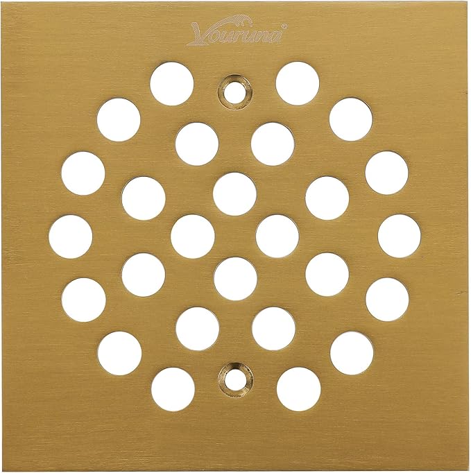 Square 4-1/4（4.25） inch （108mm*108mm） Screw-in Shower Floor Drain Grate Strainer (Brushed Gold)