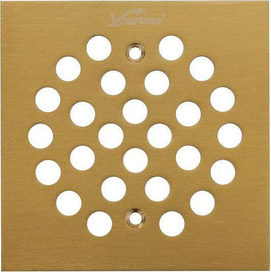 Square 4-1/4（4.25） inch （108mm*108mm） Screw-in Shower Floor Drain Grate Strainer (Brushed Gold)